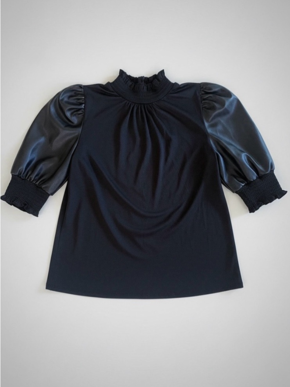 Black‎ Puff-Sleeve Mock Neck Blouse
